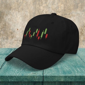 May include: Black baseball cap featuring an embroidered design of a stock market candlestick chart in green and red.