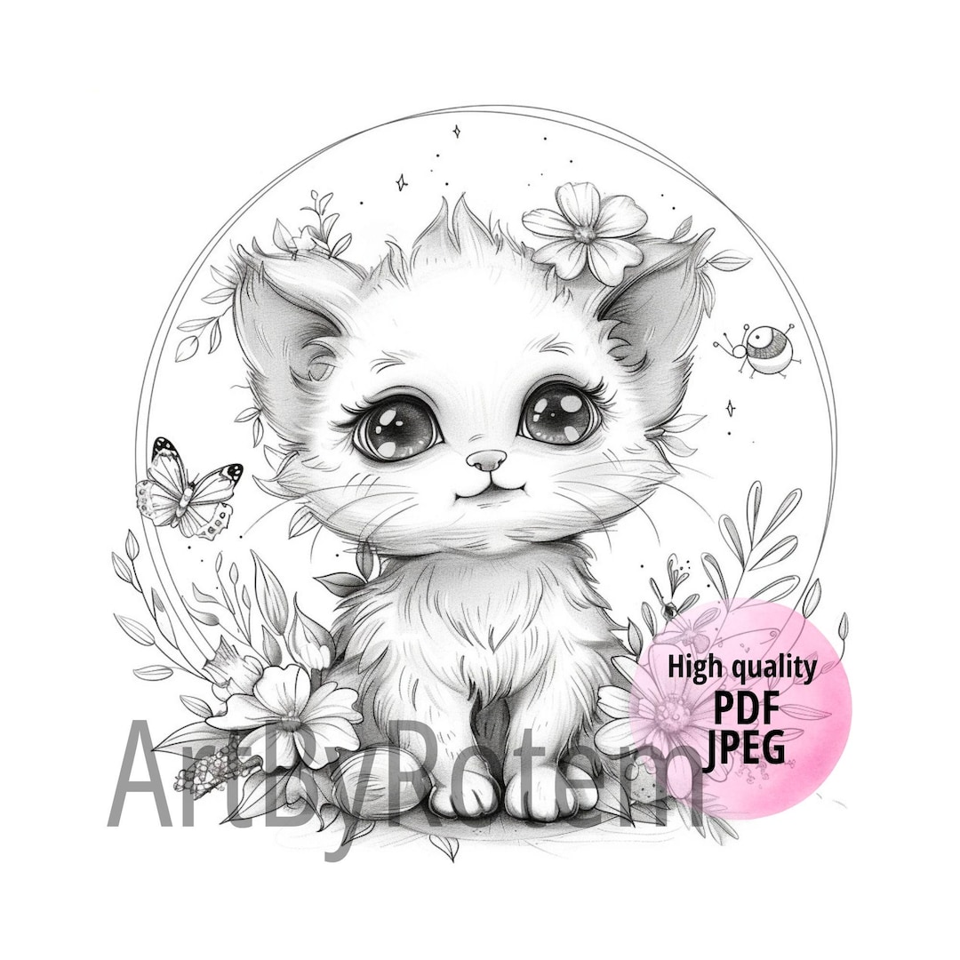 Cute Kitten Coloring Page for Kids, Adorable Cat With Flowers ...