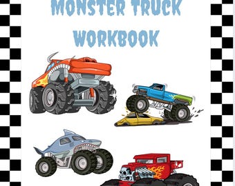 May include: A workbook cover with the title "John Smith's Monster Truck Workbook." The cover features illustrations of four monster trucks in various colors, including orange, blue, red, and gray, with large tires. The border has a black and white checkered pattern.