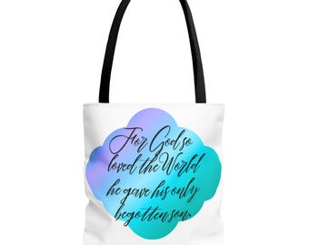 Bolsa de tela con cita bíblica "Porque de tal manera amó Dios al mundo" / Diseño de fe cristiana