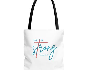 Bolsa de mano con diseño de cruz "Ella es fuerte" / Bolsa de mano con escrituras de Proverbios 31:25