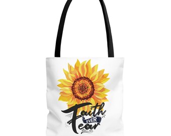 Bolsa de mano con diseño de girasol "Fe sobre el miedo" / Bolsa de mano floral inspiradora