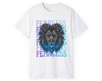 Camiseta gráfica de león intrépido / Melena azul con degradado llamativo, tipografía