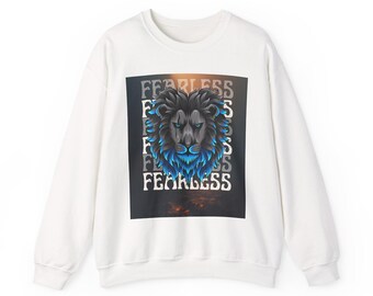 Sudadera con ilustración de león intrépido / Melena azul, tipografía llamativa