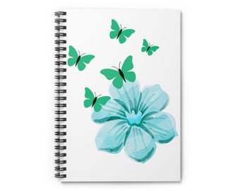 Cuaderno espiral con flores de acuarela verde azulado y mariposas