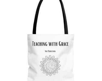 Bolsa de tela "Enseñando con gracia" con ilustración de girasol y cita de profesor.