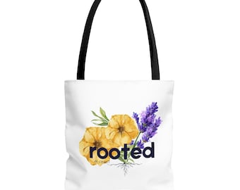 Bolso de mano con ilustración floral enraizada / diseño de pensamientos en lavanda y amarillo