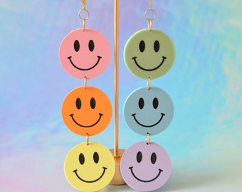 Acrylic Rainbow Pastel Ombre Smiley Happy Face Dangle Drop Statement Earrings