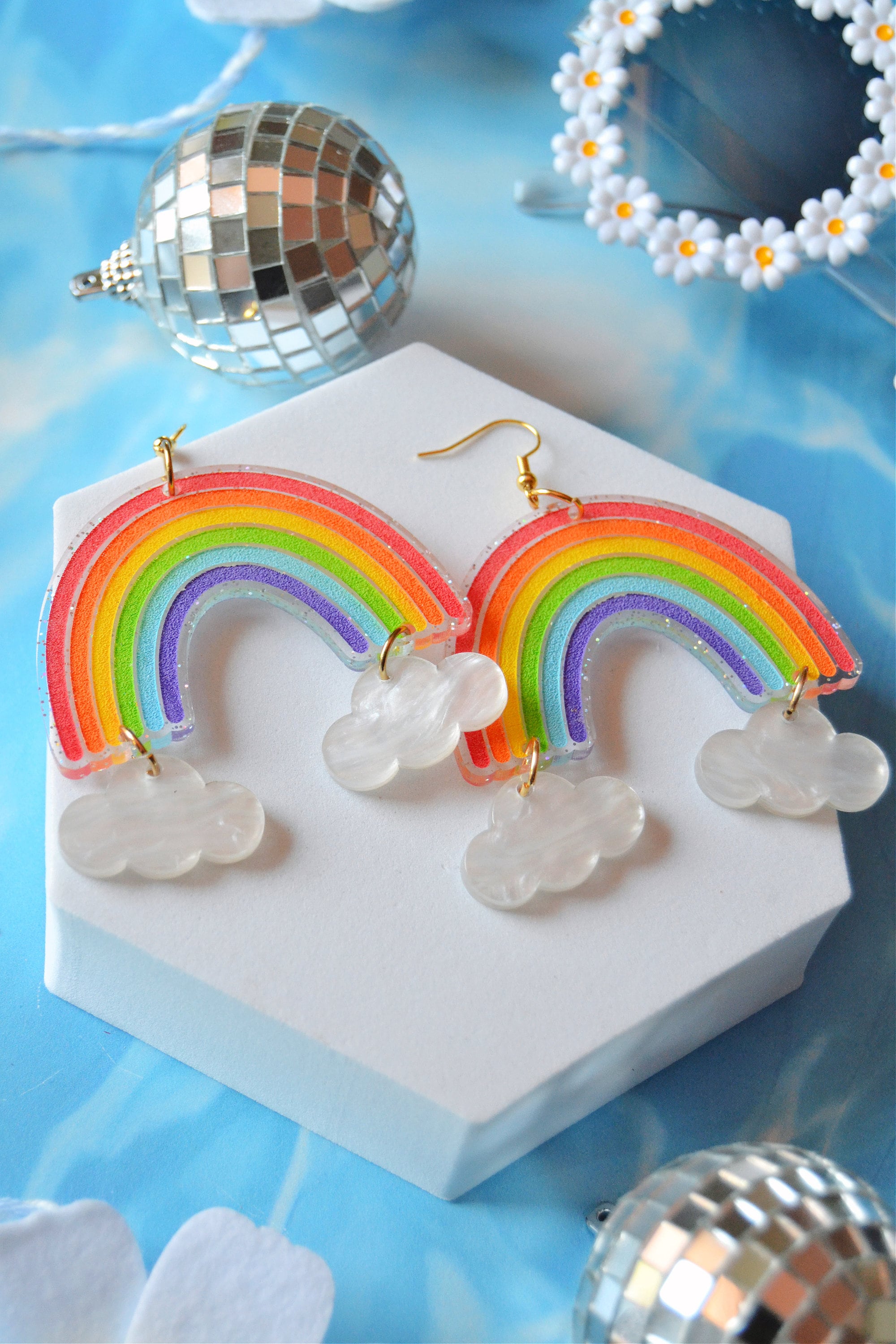 Acrylic Rainbow Holographic Glitter Clouds Over the Rainbow Retro Kawaii Pride Statement Earrings