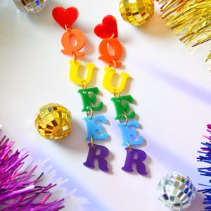 Acrylic Queer Rainbow Dangle Drop LGBTQIA Pride Flag Love is Love Statement Earrings