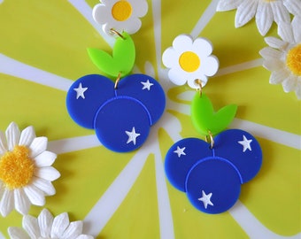 Acrylic Blueberry Blueberries Berry Sweet Fruit Kawaii Fruity Daisy Statement Earrings
