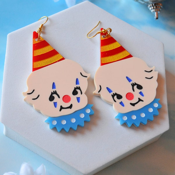 Acrylic Kewpie Doll Clown Clowning Around Tattoo-Style Kawaii Kitschy Cute Statement Earrings