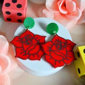 Acrylic American Traditional Rose Tattoo-Style Inspired Old School Tattoo Flower Statement Earrings