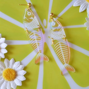 Acrylic Iridescent Sardine Tinned Fish Anchovy Picnic Foodie Chef Statement Earrings