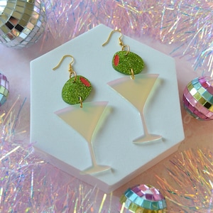 Acrylic Dirty Dry Martini Glittery Olives Iridescent Cocktail Party Glass Statement Earrings