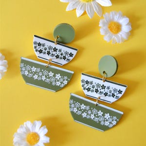 Acrylic Pyrex Spring Blossom Nesting Bowls Collector Kitsch Retro Vintage Inspired Statement Earrings