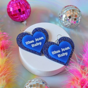 Acrylic Elton John Tiny Dancer Blue Jean Baby Glitter Heart 70s Rock n Roll Statement Earrings