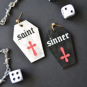 Acrylic Saint Sinner Bad Girl Angel Devil Coffin Cutie Hottie Statement Earrings