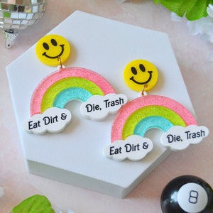 Acrylic Eat Dirt and Die Trash Golden Girls Inspired Glittery Rainbow Parody Statement Earrings