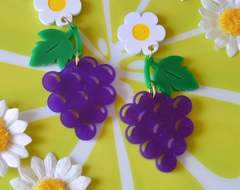 Acrylic Grape Grapes Wine Country Fruit Fruity Kawaii Daisy Cottagecore Foodie Statement Earrings