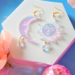 Acrylic Celestial Sun Moon Rainbow Iridescent Suncatcher Reflection Prism Statement Earrings