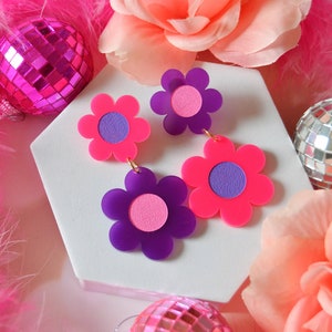 Acrylic Pink and Purple Double Daisies Daisy Flower Power Daisy Chain Valentines Day Retro Mod 60s 70s Statement Earrings