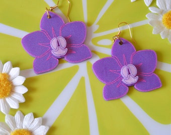 Acrylic Orchid Flower Floral Glittery Pearl Nature Statement Earrings