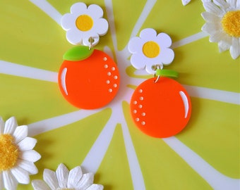 Acryl Oranje PB Fruit Fruitig Kawaii Daisy Citrus Cutie Statement Oorbellen