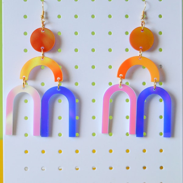 Acrylic Iridescent Rainbow Arch Boho Abstract Geometric Jumbo Statement Earrings