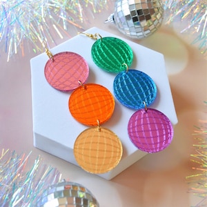 Acrylic Rainbow Disco Ball Fever 70s Boogie Nights Disco Cowgirl Nash Bash Pride Retro Statement Earrings