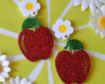 Acryl Apple Glittery Appels Daisy Fruit Fruitig Kawaii Cottagecore Picknick Statement Oorbellen