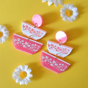 Acrylic Pyrex Collector Pink Gooseberry Nesting Bowls Vintage Kitsch Retro Statement Earrings