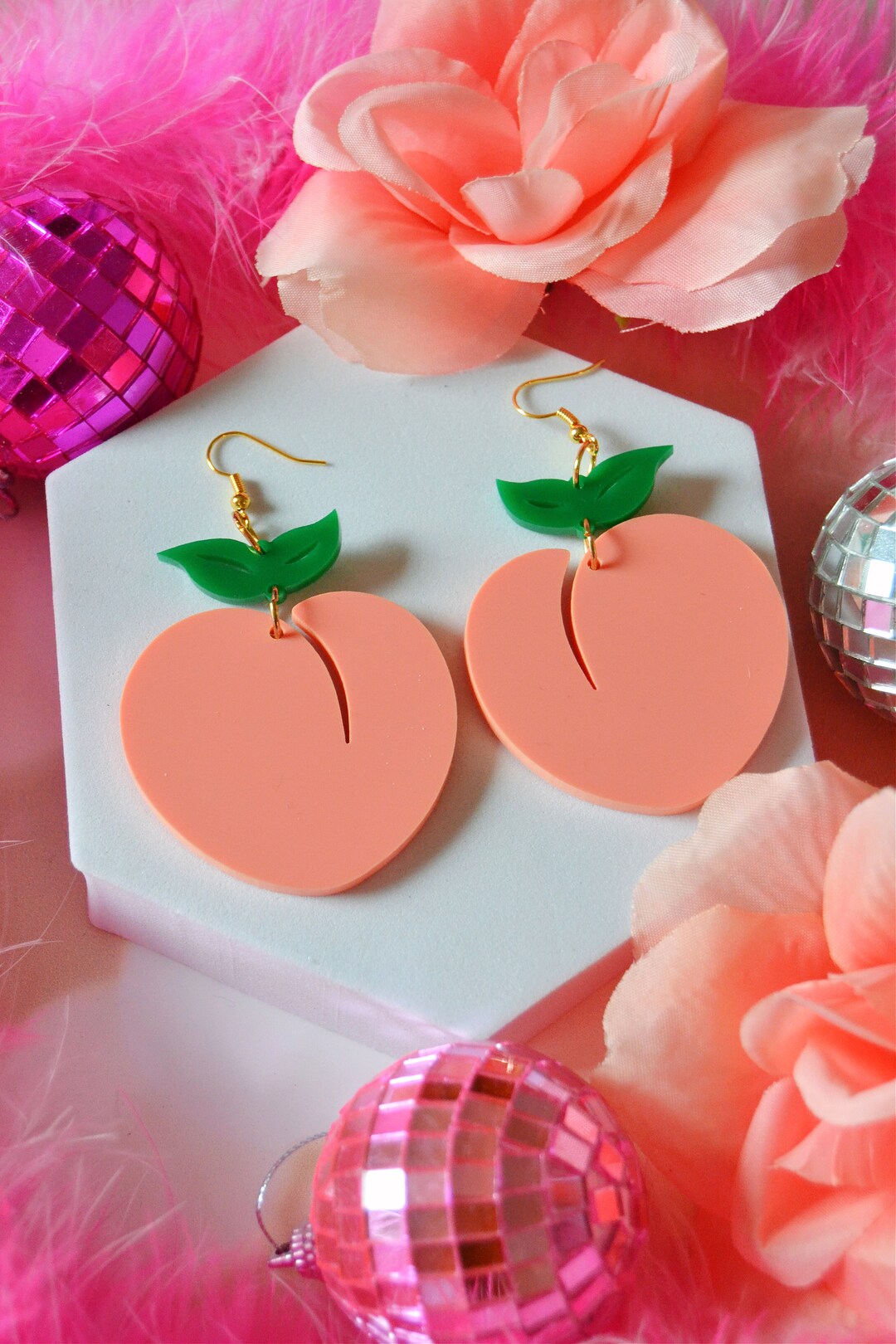 Acrylic Juicy Peach Peaches Emoji Sexy Sassy Thick Thicc Fruit Fruity Kawaii Statement Earrings
