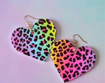 Rainbow Cheetah 90s Kid Nostalgia L Frank Inspired Jumbo Heart Statement Earrings