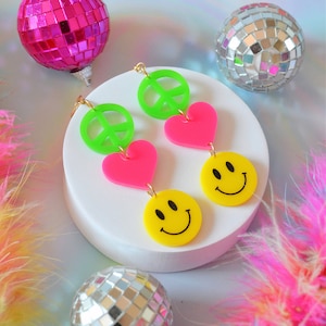 Acrylic Peace, Love, Happiness Hippie Trippy 60s 70s Groovy Dangle Drop Statement Earrings