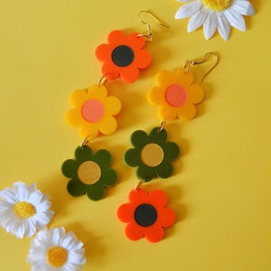 Acrylic 70s Mismatched Daisy Chain Flower Power Retro Groovy Statement Dangle Earrings