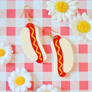 Boucles d'oreilles tendance en acrylique pour hot-dog et moutarde BBQ Summer Faire Food