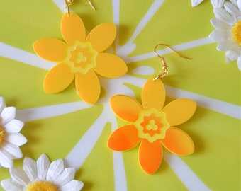 Acrylic Iridescent Daffodil Flower Power Floral Statement Earrings