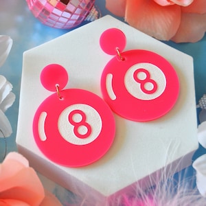 Acrylic Pink 8 Ball Billiards Pool Ball Magic 8 Mystical Lucky Unlucky Statement Earrings