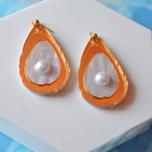 Acrylic Oyster Half Shell  Pearl Foodie Beach Summery Statement Earrings