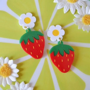 Acrylic Strawberry Fruit Strawberries Daisy Kawaii Fruity Cute Cottagecore Statement Earrings
