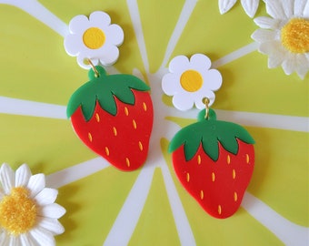 Acrylic Strawberry Fruit Strawberries Daisy Kawaii Fruity Cute Cottagecore Statement Earrings