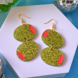 Acrylic Olive Pimento-Stuffed Olives Dry Martini Liquor Glitter Statement Earrings