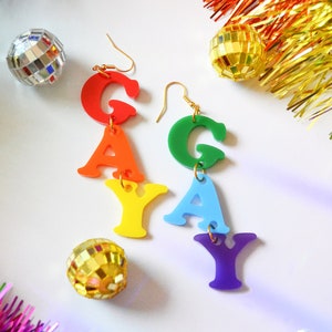 Acrylic Gay Rainbow Pride Flag Dangle Drop LGBTQIA Love is Love WLW Statement Earrings