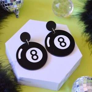Acrylic 8 Ball Billiards Pool Ball Mystical Lucky Unlucky Charm Magic 8 Statement Earrings