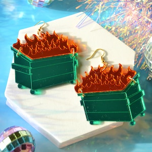 Acrylic Dumpster Fire Trash Trashy Funny Sarcastic Mirrored Flames Statement Earrings