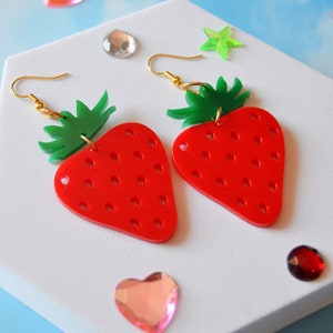 Acrylic Strawberry Strawberries Fruit Fruity Kawaii Cute Trendy Aesthetic Statement Earrings