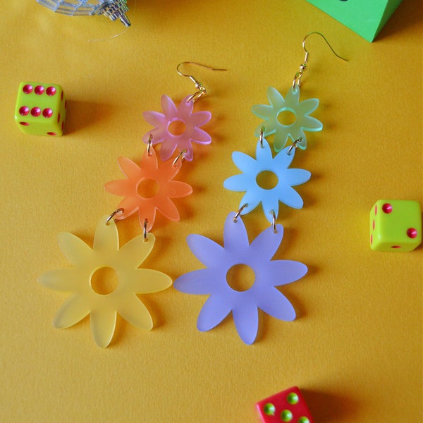 Acrylic Frosted Rainbow Ombre Daisy Flower Power Floral Daisies Retro Spring Statement Earrings