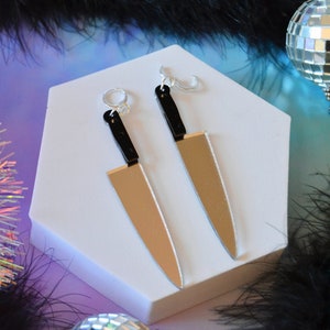 Acrylic Butcher Knife Halloween Spooky Creepy Kitchen Chef Killer Statement Earrings