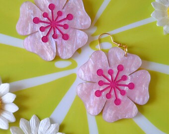 Acrylic Cherry Blossom Japanese Kawaii Glittery Pearl Floral Flower Spring Statement Earrings